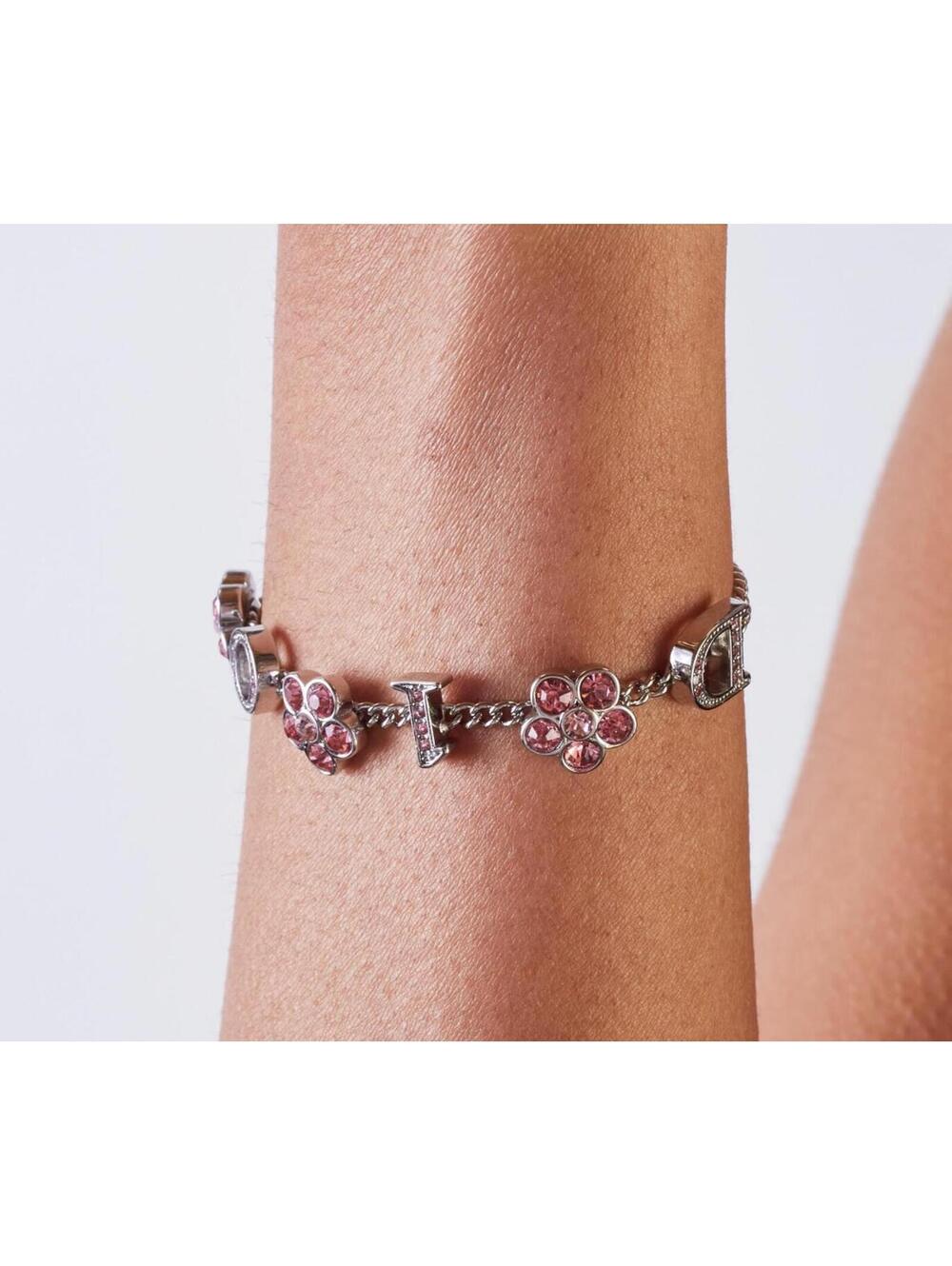 Dior Pink Crystal Floral Logo Charm Chain Bracelet - Picture 2 of 4